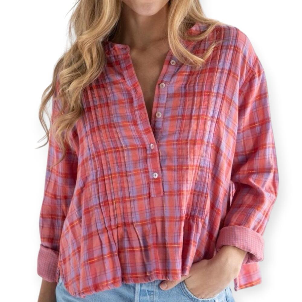 Natural Life Montana Pink Plaid Button Front Top Size Medium